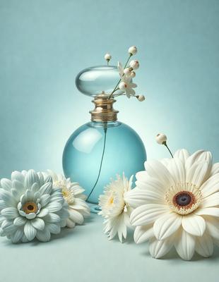 The primary subject of the image is a bottle of blue perfume with a gold top. The setting is a white background, and the visual style is a photo. The colors in the image are predominantly white and blue, creating a clean and soothing atmosphere.